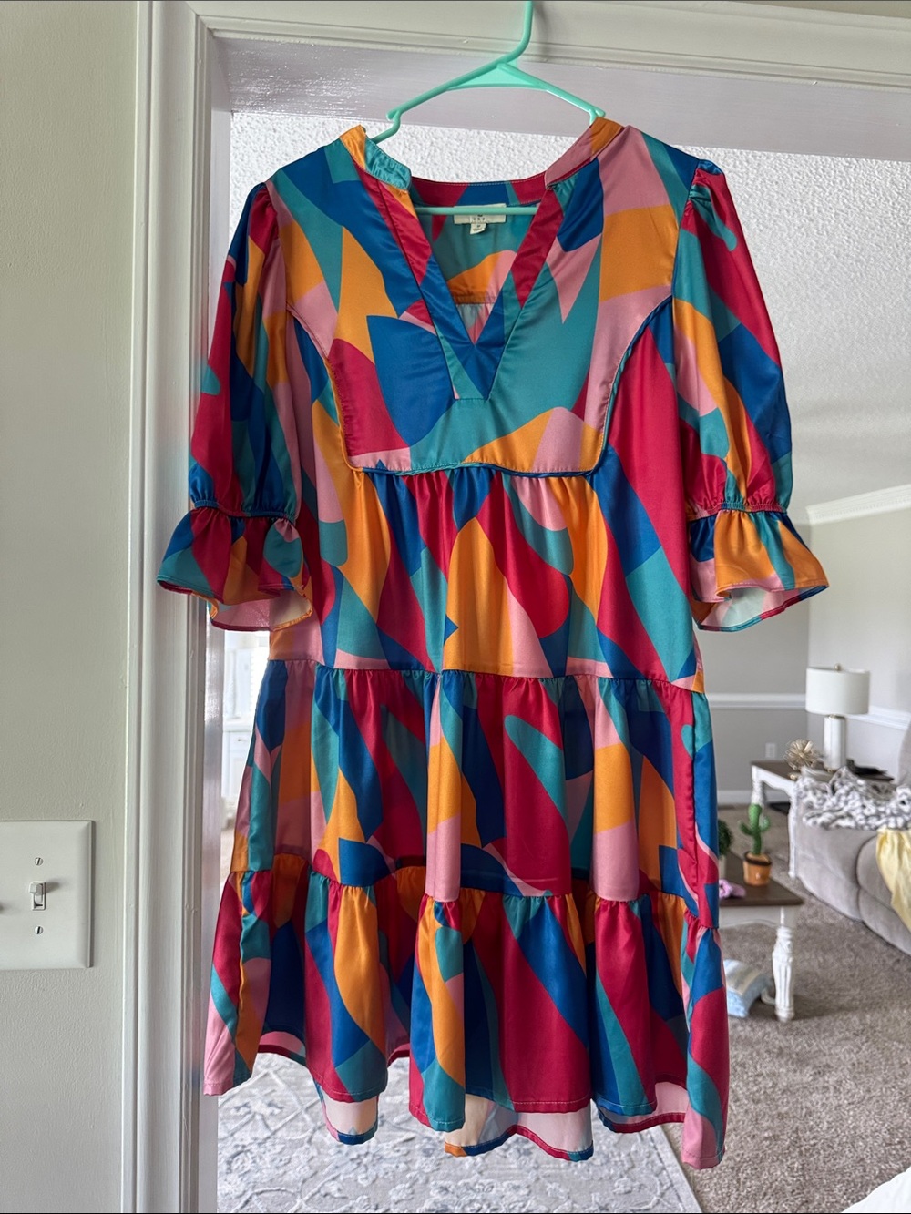 Umgee  Colorblock Tiered V-Neck Mini Dress - Teal, Pink, Orange, Blue